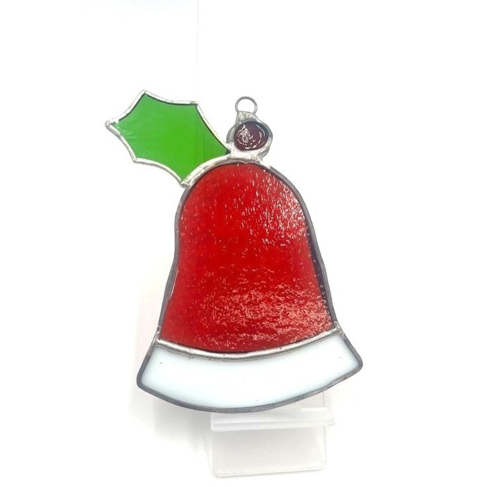 Stained Glass Christmas Bell Ornament Holly Accent Red White Festive Holiday - Picture 1 of 3